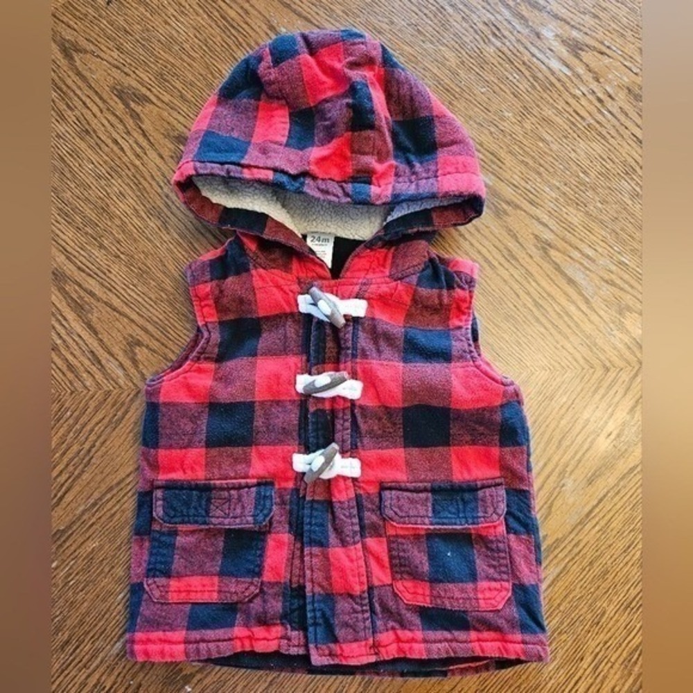 Kid's sz 24M Carters Toddler Boys Red Black Buffalo Plaid Hooded Toggle Vest‎
